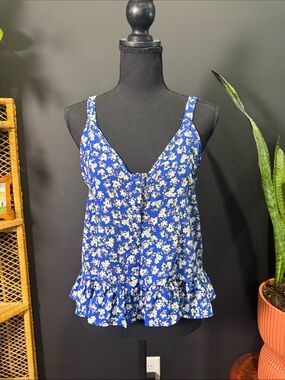 Blue Floral Ruffle Hem Cami Top